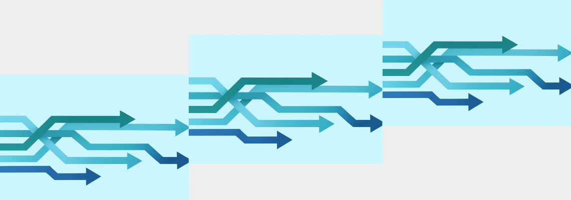 Arrows going in divergent directions in different shades of blue